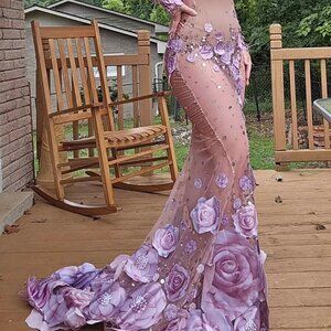 Pink 2D Flower and Feather Evening Prom Gown